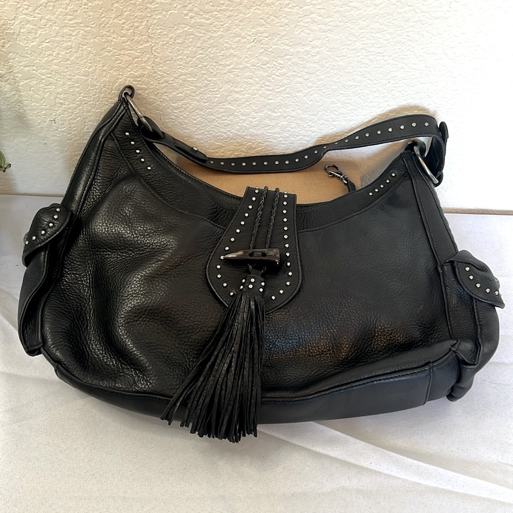 Kate Landry Black Leather Studded Shoulder Bag